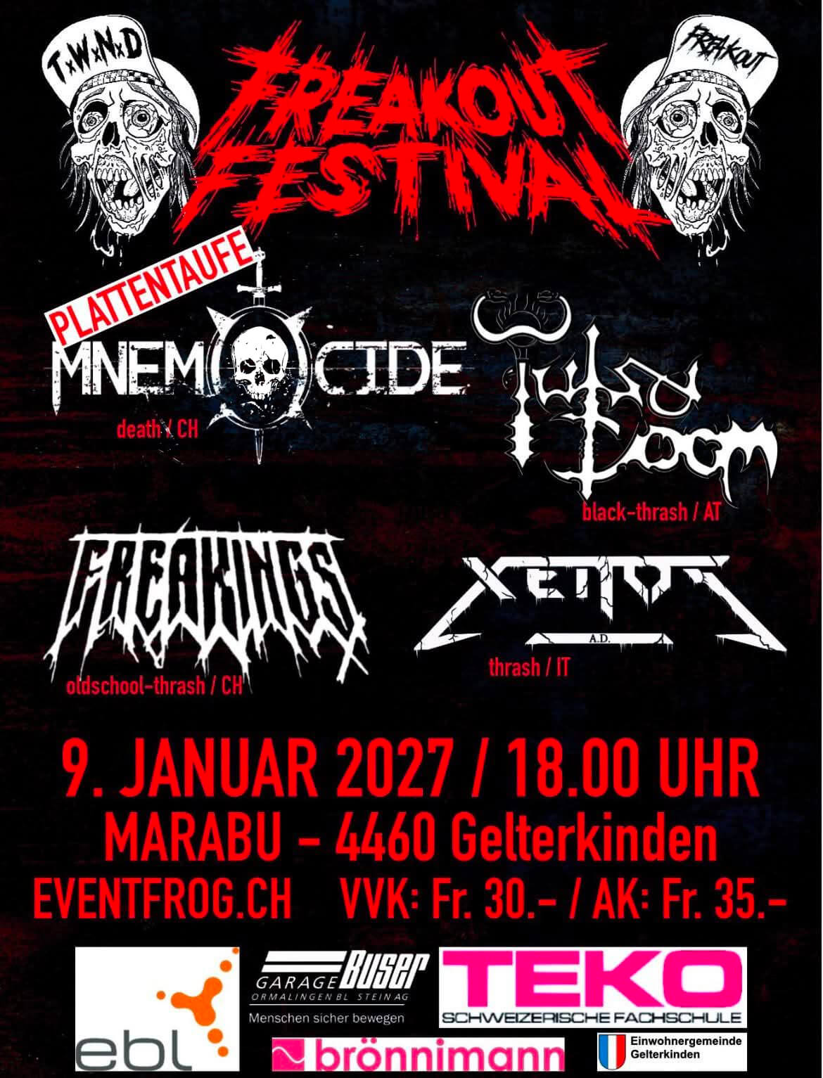 Mnemocide, Freakings, Tulsadoom, Xenos A.D. at Freakout  Festival in Club Marabu Gelterkinden concert poster